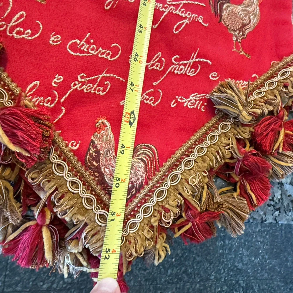 Red jacquard table runner featuring a traditional French rooster design 104x12”